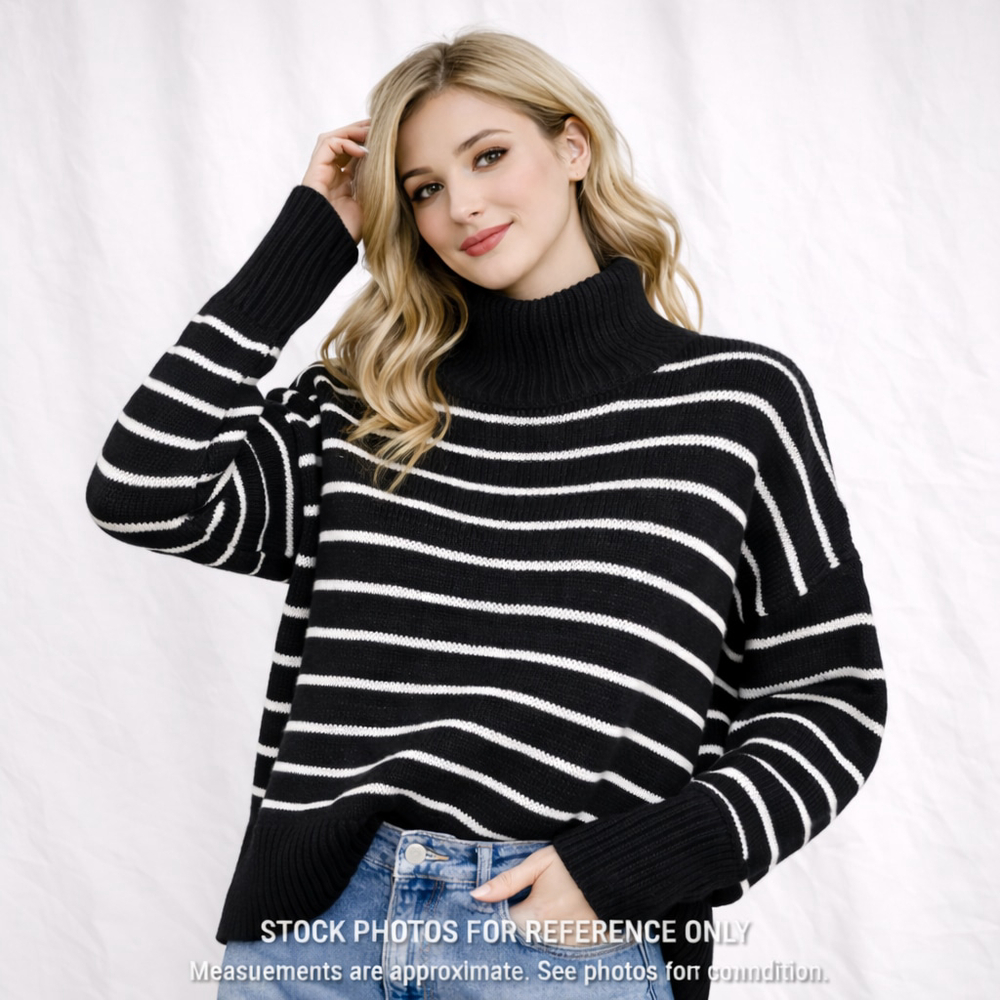 The Work Shop Black White Stripe Mock Neck Sweater NWT Oversized Cozy Chic